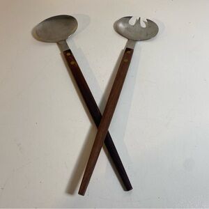 Vintage Barlow 1960s Japanese MCM Stainless Wood Salad Server Set 11” Length